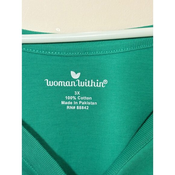 Woman Within 3X Green Cotton 3/4 Sleeve V-Neck Tunic Top Button Details Comfort - Picture 5 of 5